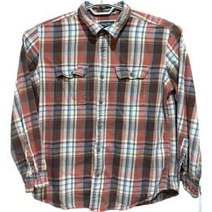 Eddie Bauer Flannel Shirt Mens XL Brown Blue Green Plaid 100% Cotton Long Sleeve